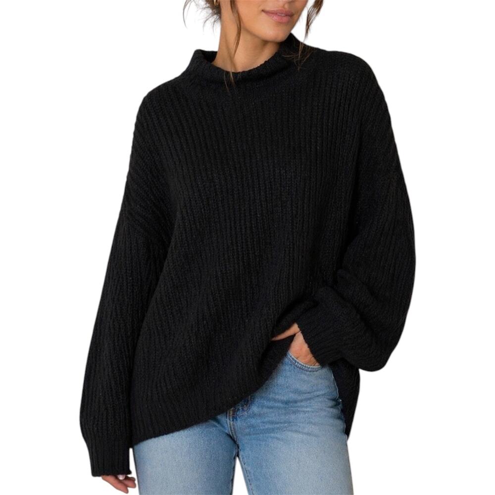 American Eagle Black Chunky Knit Oversized Sweater‎ Cozy Mock Neck Size Large XL